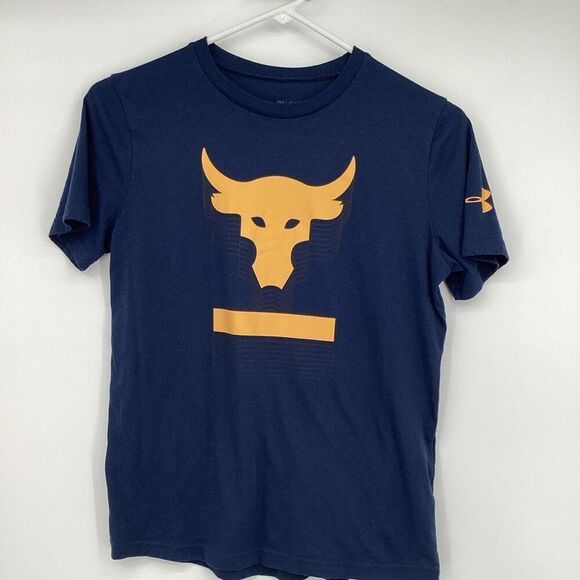 Boys Under‎ Armour Project Rock Short Sleeve Tee navy blue/gold large - Picture 1 of 4